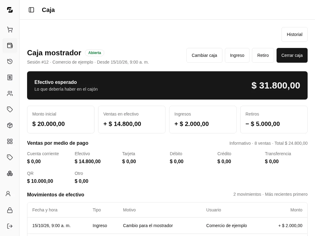 Caja abierta con efectivo esperado y movimientos